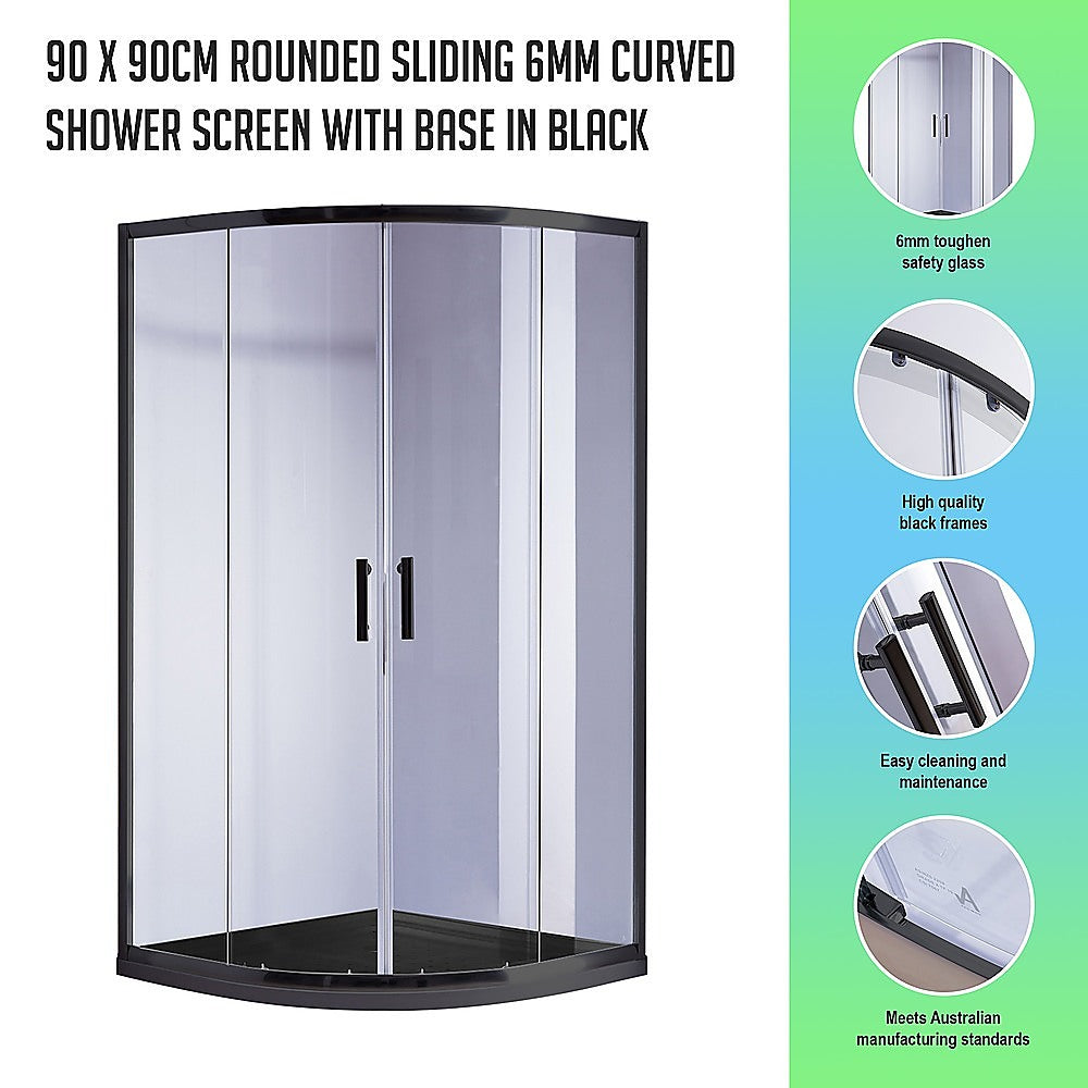 90 x 90cm Rounded Sliding 6mm Curved Shower Screen with Base in Black
