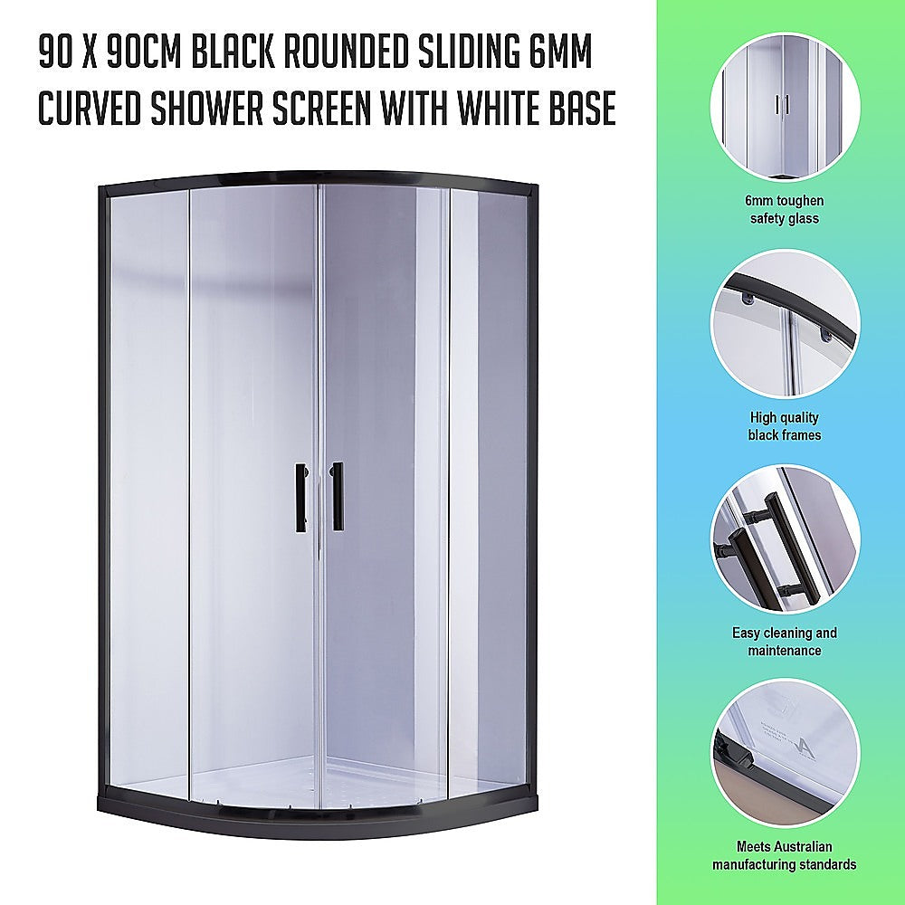 90 x 90cm Black Rounded Sliding 6mm Curved Shower Screen with White Base
