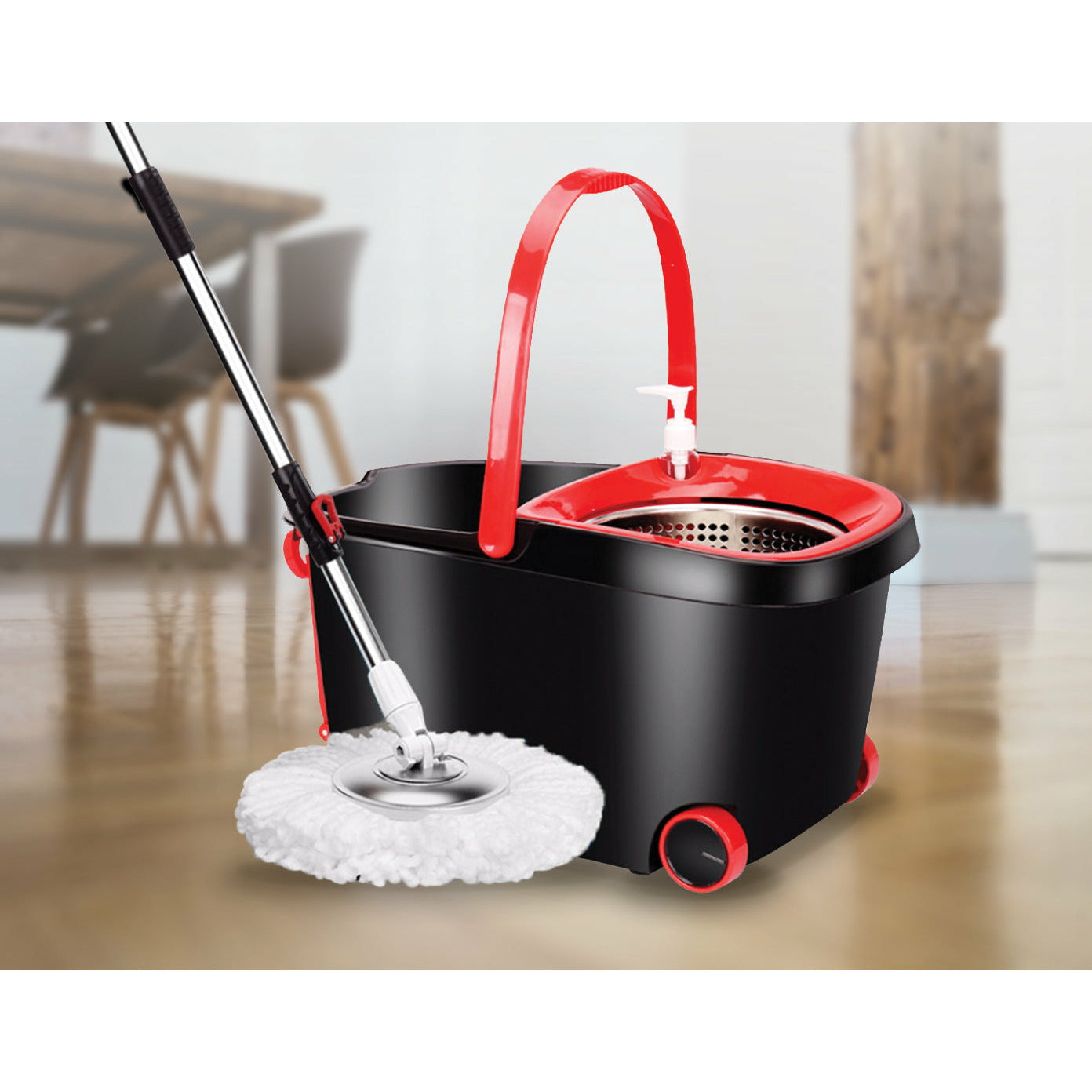 Spin Rotating Mop and Bucket Set with Wheels and 4 Microfibre Mop Heads