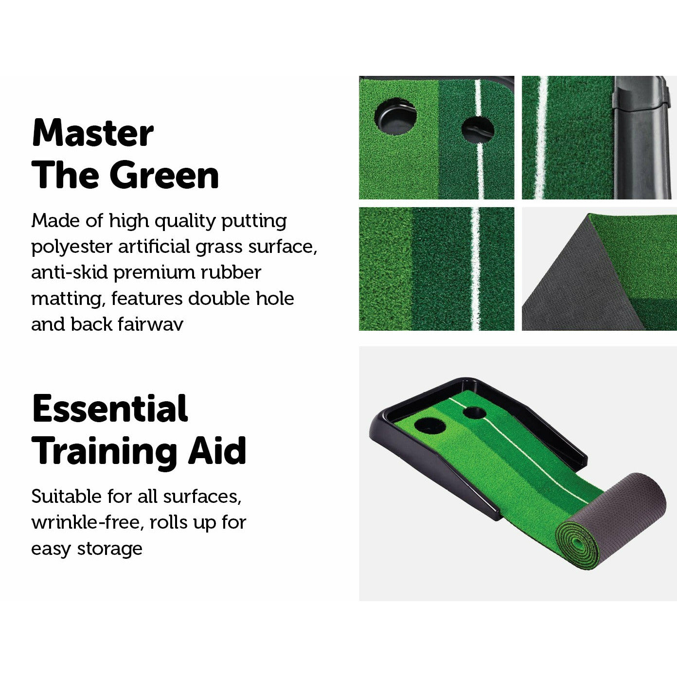 Indoor Practice Putting Green 2.5m Mat Inclined Ball Return Fake Grass 2 Holes