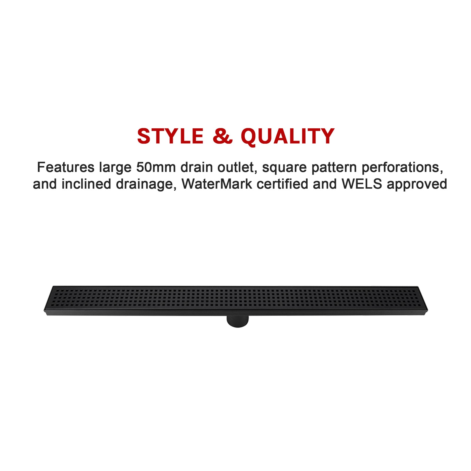 800mm Bathroom Shower Black Grate Drain w/Centre outlet Floor Waste