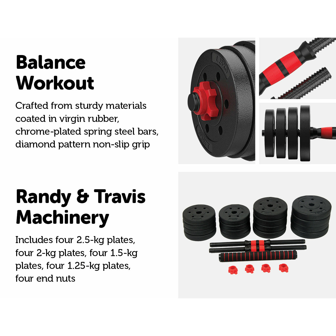 30kg Adjustable Rubber Dumbbell Set Barbell Home GYM Exercise Weights