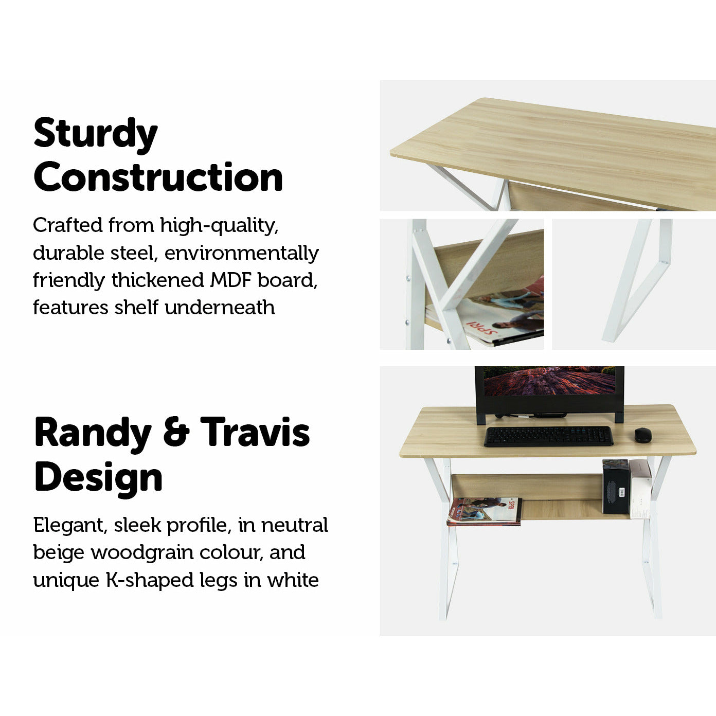 Wood & Metal Computer Desk with Shelf Home Office Furniture