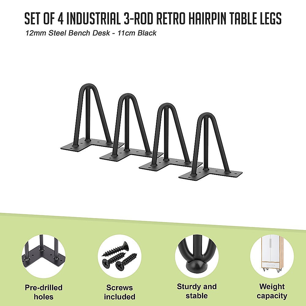 Set of 4 Industrial 3-Rod Retro Hairpin Table Legs 12mm Steel Bench Desk - 11cm Black