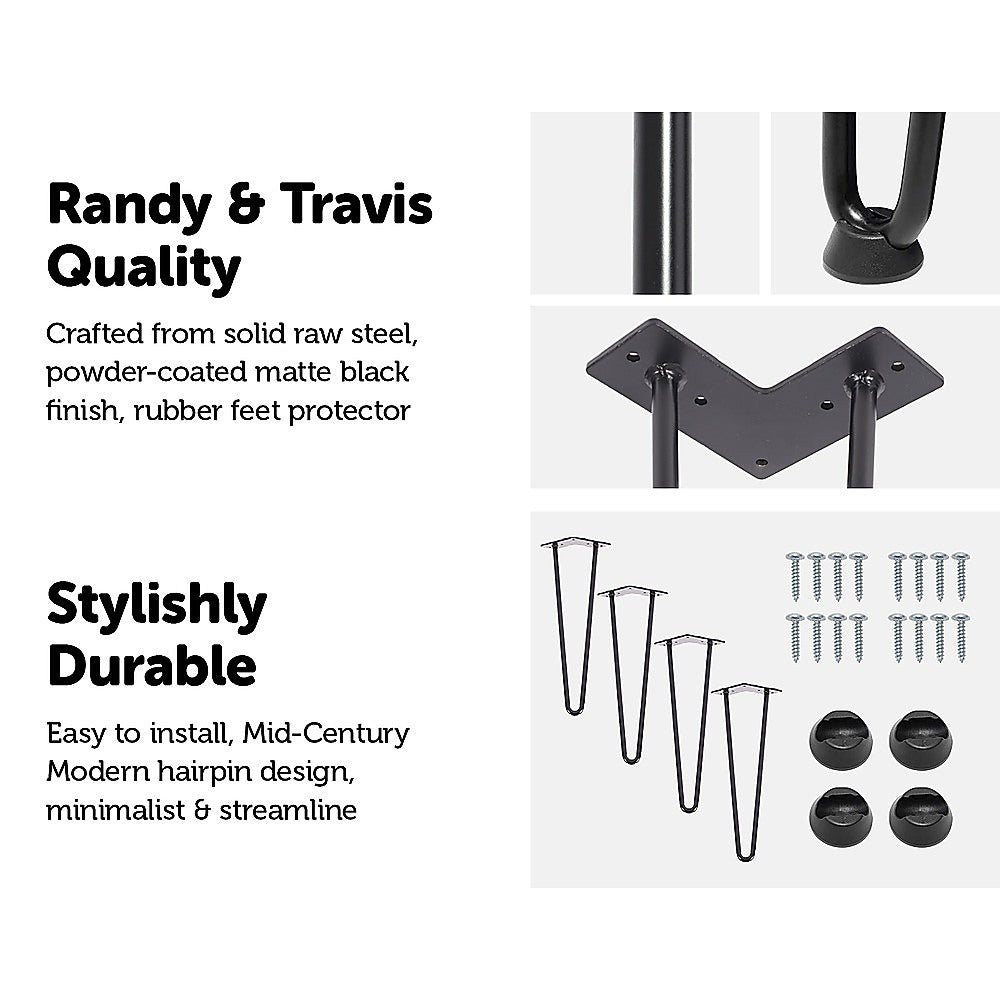 Set of 4 Industrial Retro Hairpin Table Legs 12mm Steel Bench Desk - 41cm Black