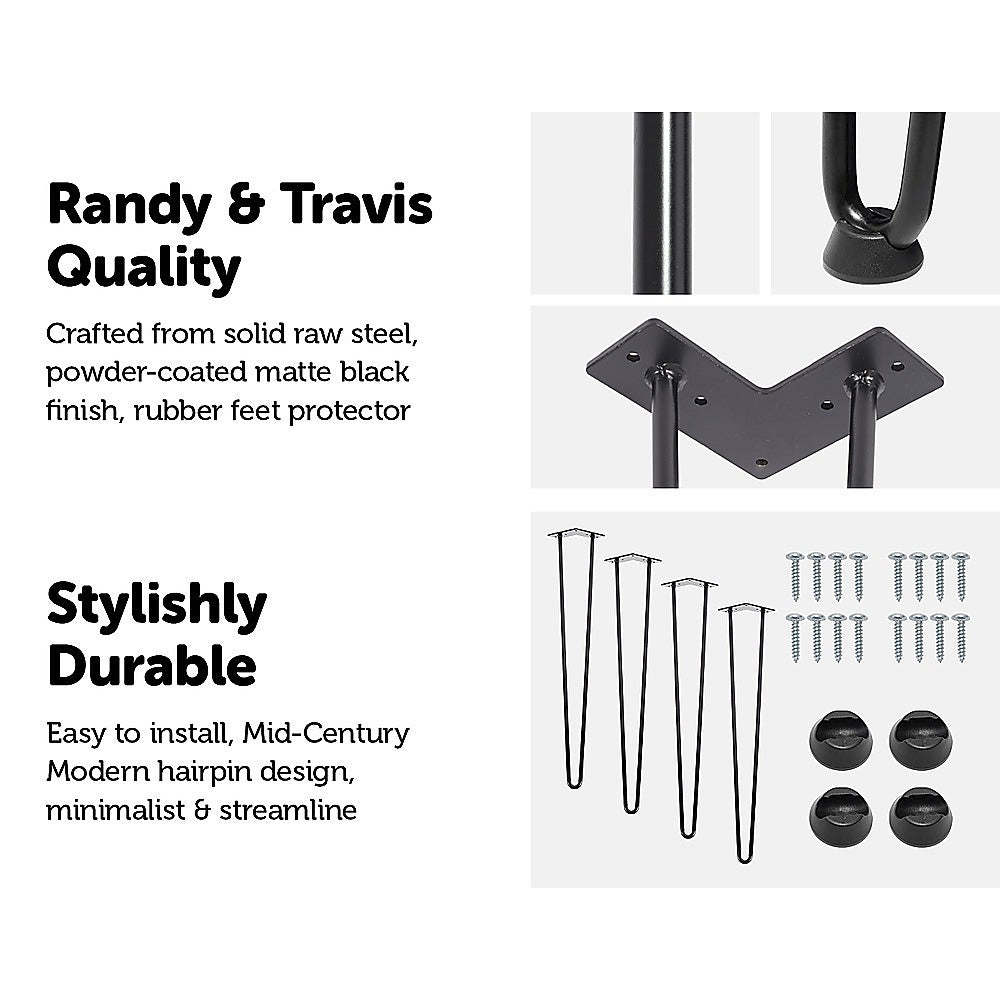 Set of 4 Industrial Retro Hairpin Table Legs 12mm Steel Bench Desk - 71cm Black