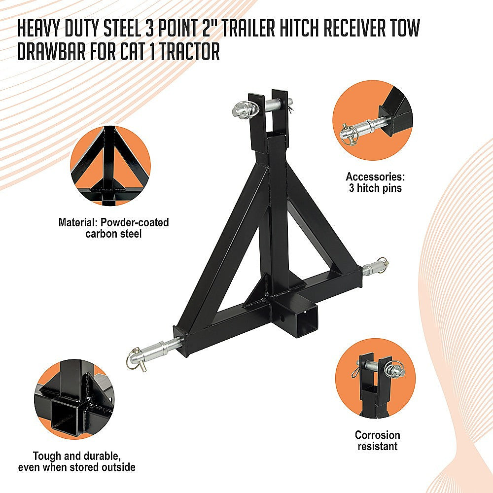 Heavy Duty Steel 3 Point 2" Trailer Hitch Receiver Tow Drawbar For Cat 1 Tractor