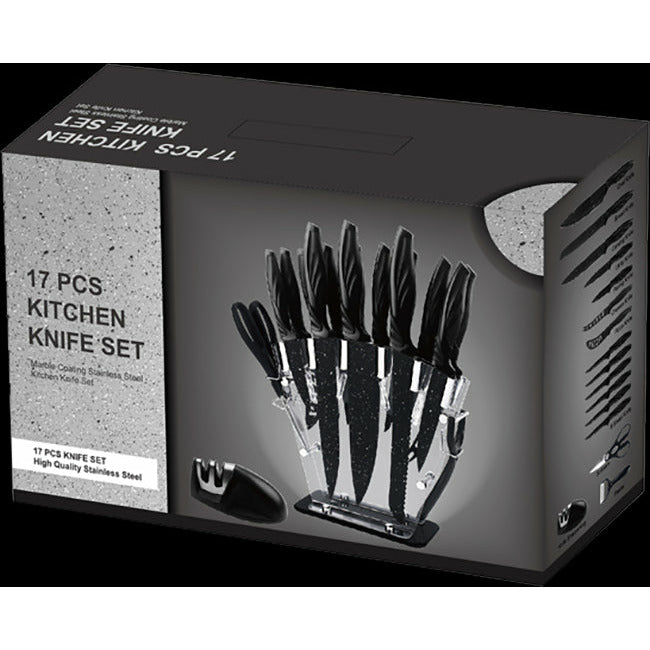 Kitchen 17 Pc Knife Set w/ Block & Sharpener Chef Bread Steak Knives