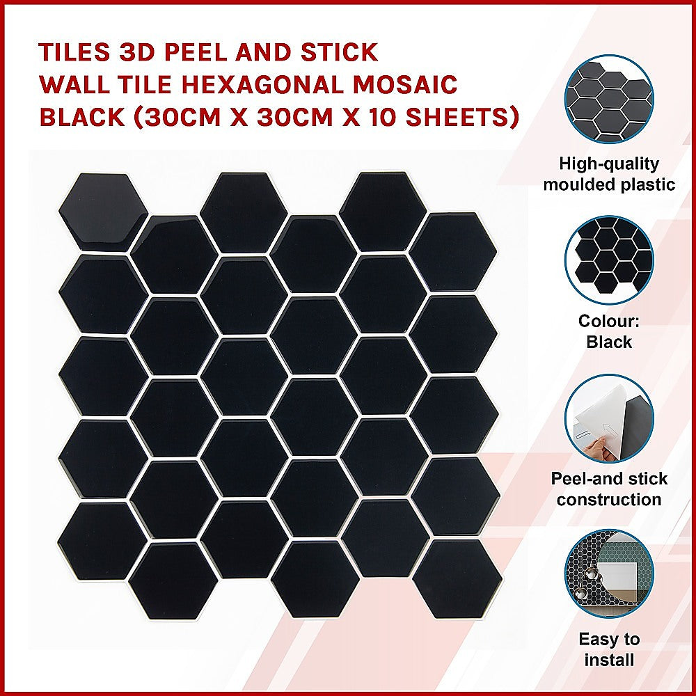 Tiles 3D Peel and Stick Wall Tile Hexagonal Mosaic Black (30cm x 30cm x 10 sheets)