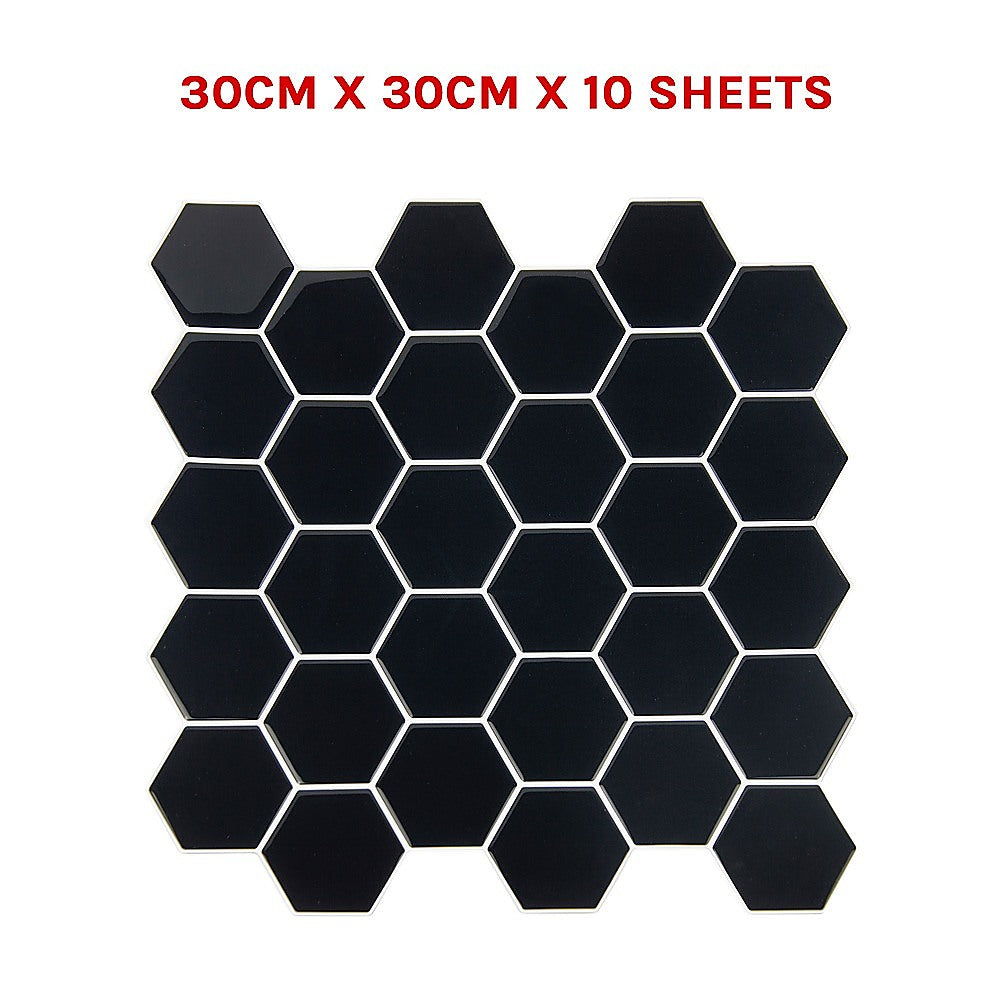 Tiles 3D Peel and Stick Wall Tile Hexagonal Mosaic Black (30cm x 30cm x 10 sheets)