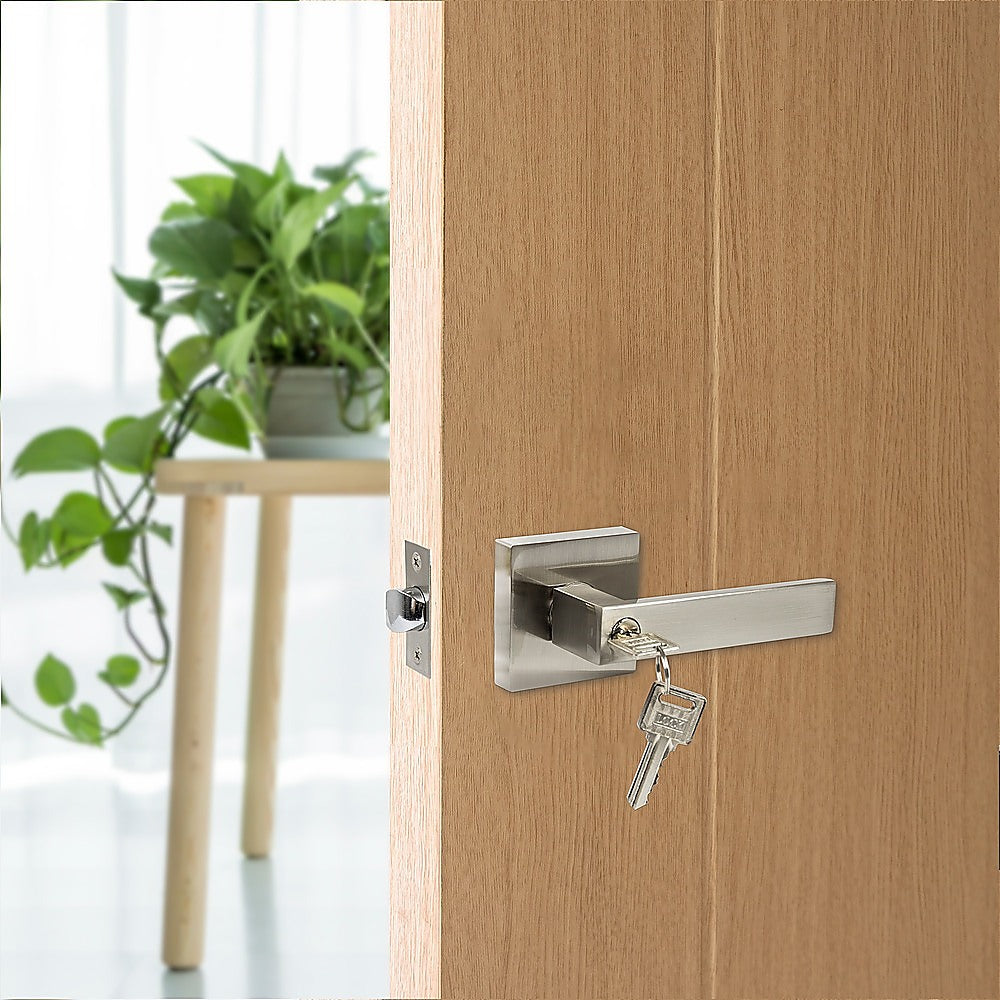 Door Handle Set Lever Key Lock Function Square Satin Nickel