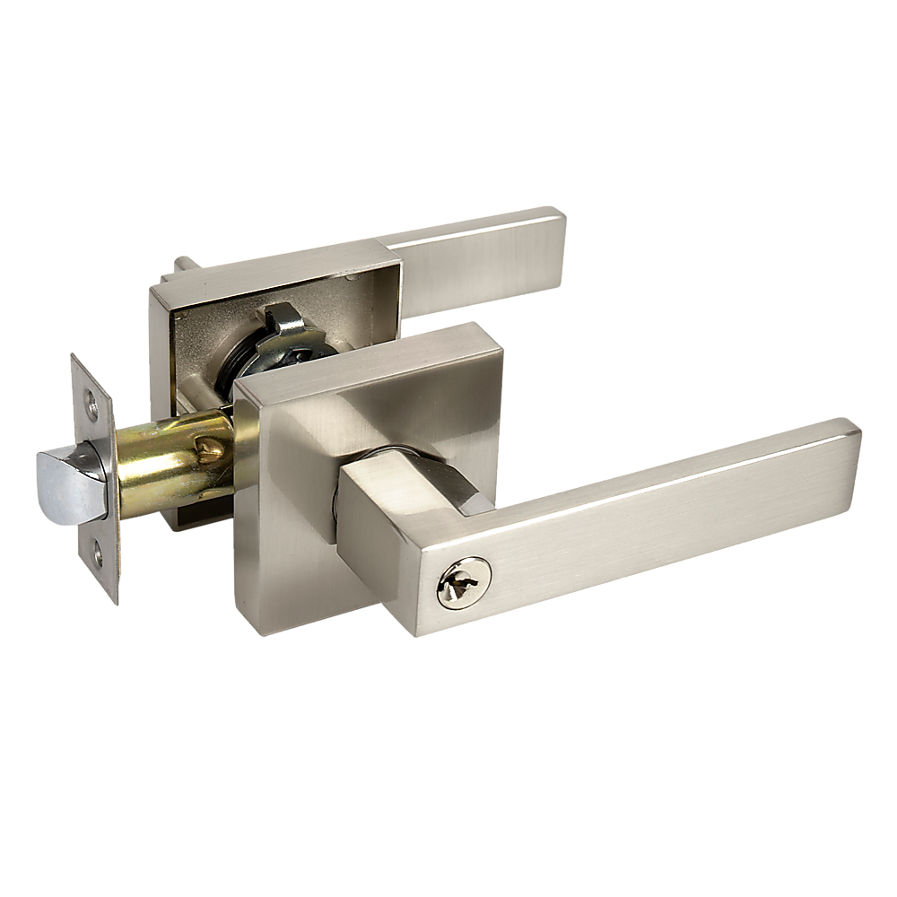 Door Handle Set Lever Key Lock Function Square Satin Nickel