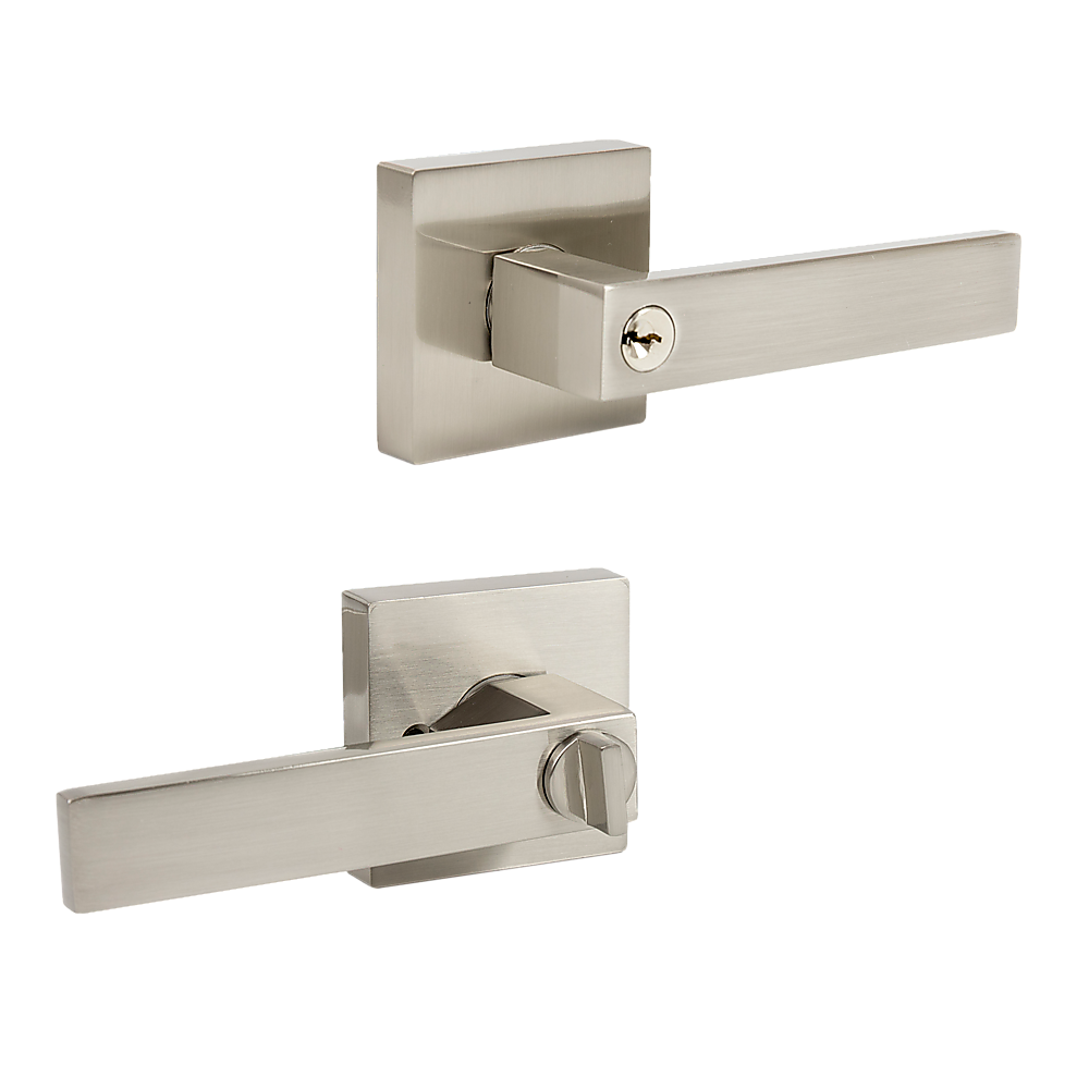 Door Handle Set Lever Key Lock Function Square Satin Nickel