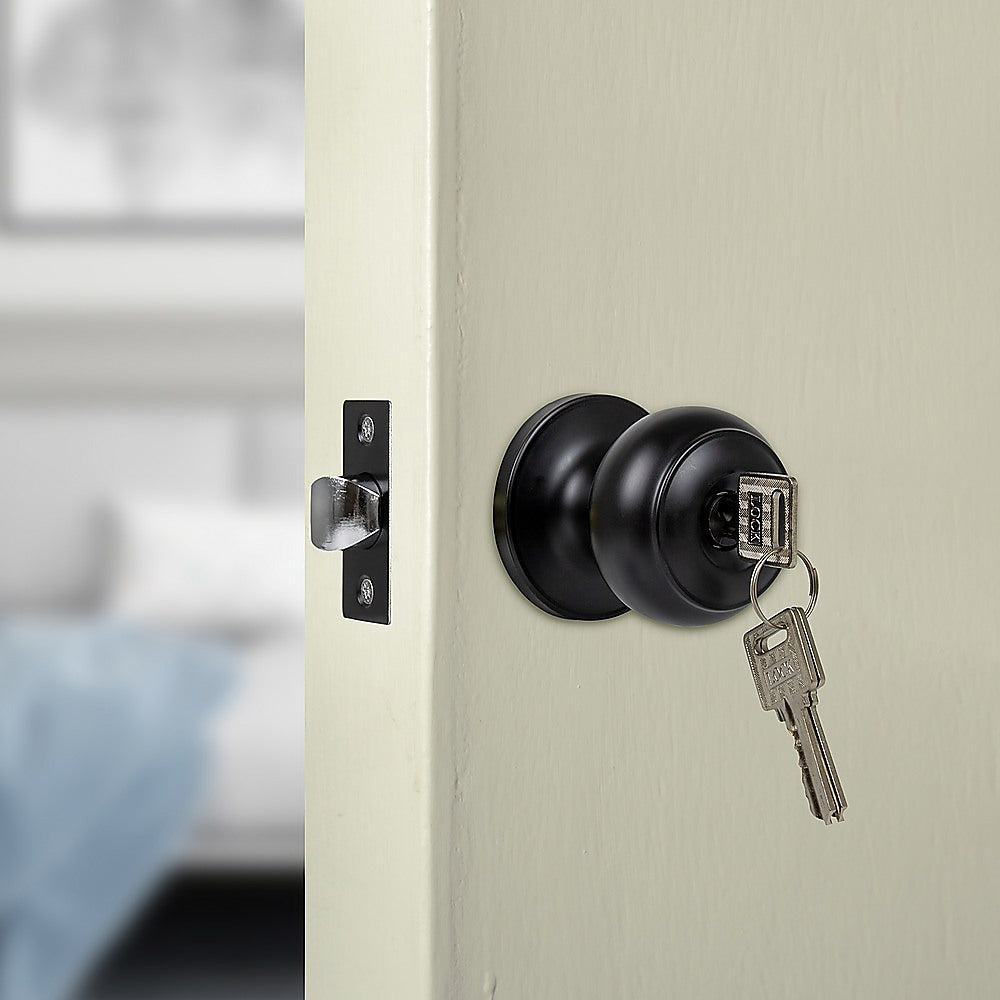 Door Handle Set Lever Key Lock Function Round Black