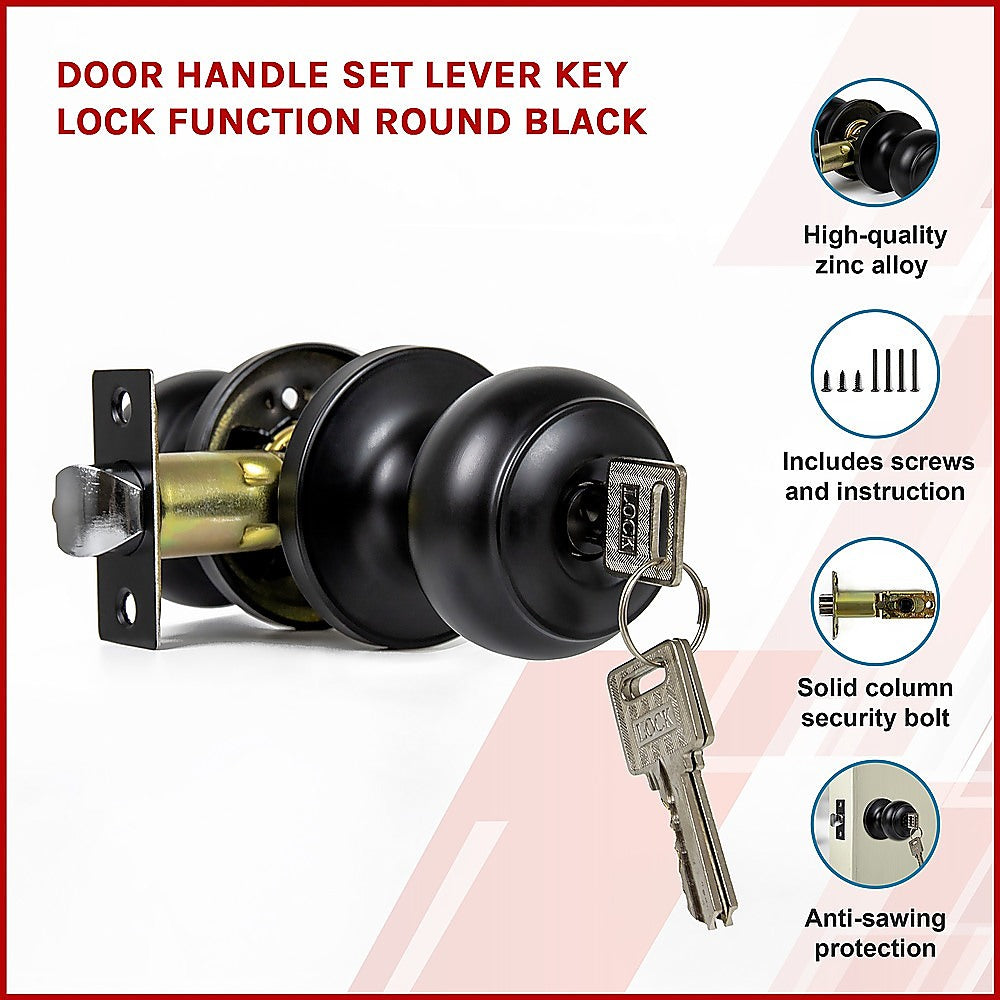 Door Handle Set Lever Key Lock Function Round Black