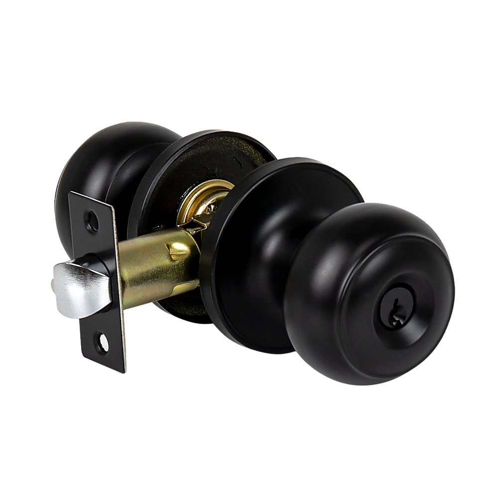 Door Handle Set Lever Key Lock Function Round Black