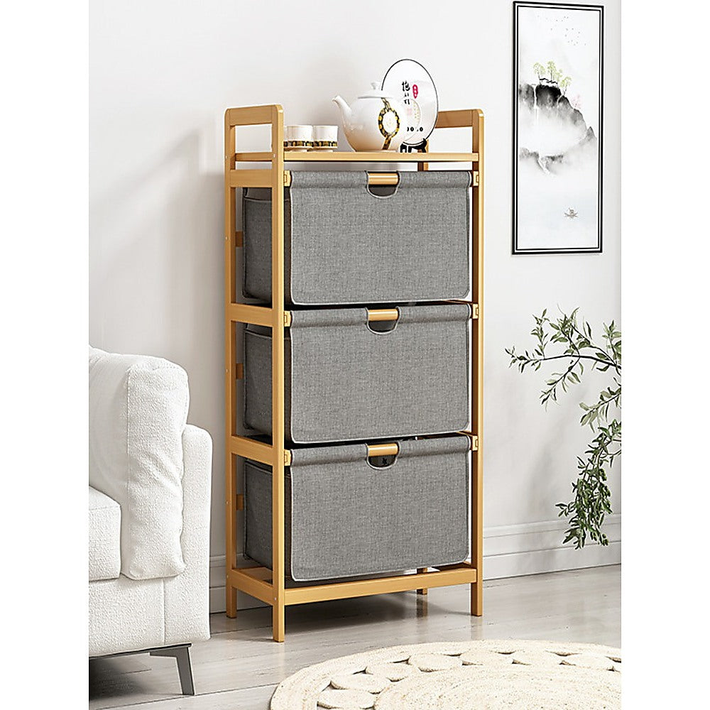 Bamboo Shelf with Storage Hamper - Wooden Bamboo Removable Bags
