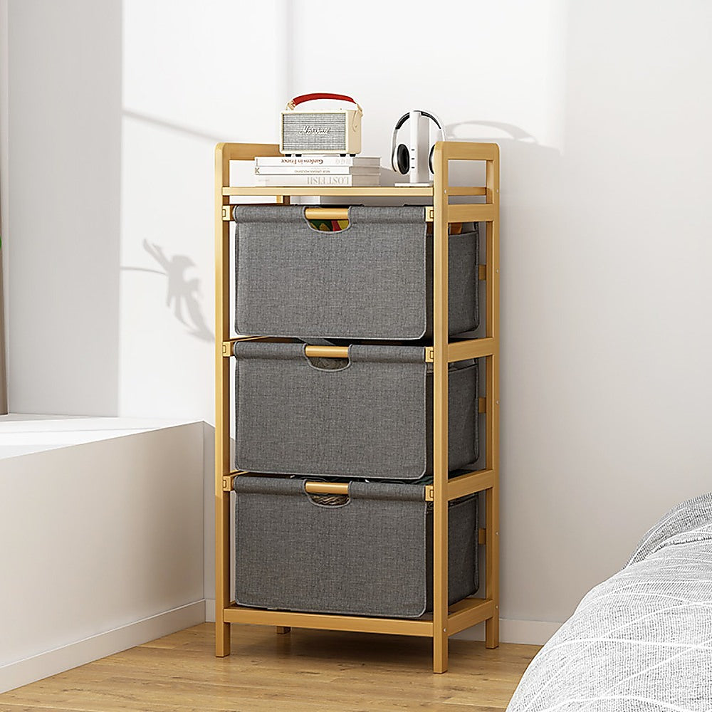 Bamboo Shelf with Storage Hamper - Wooden Bamboo Removable Bags