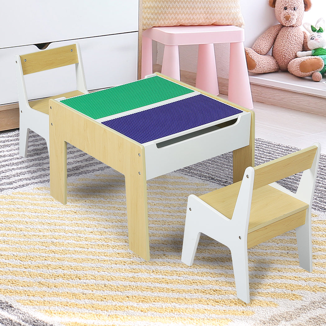 BoPeep Kids Table And Chairs Building Blocks Set Toy Play Desk Study Wooden 3PCS