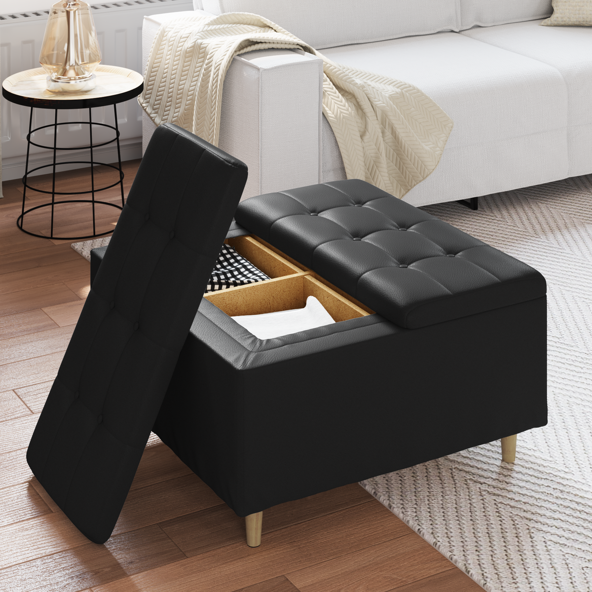 Storage Ottoman with Cushion Black 80 x 80 x 45 cm Faux leather