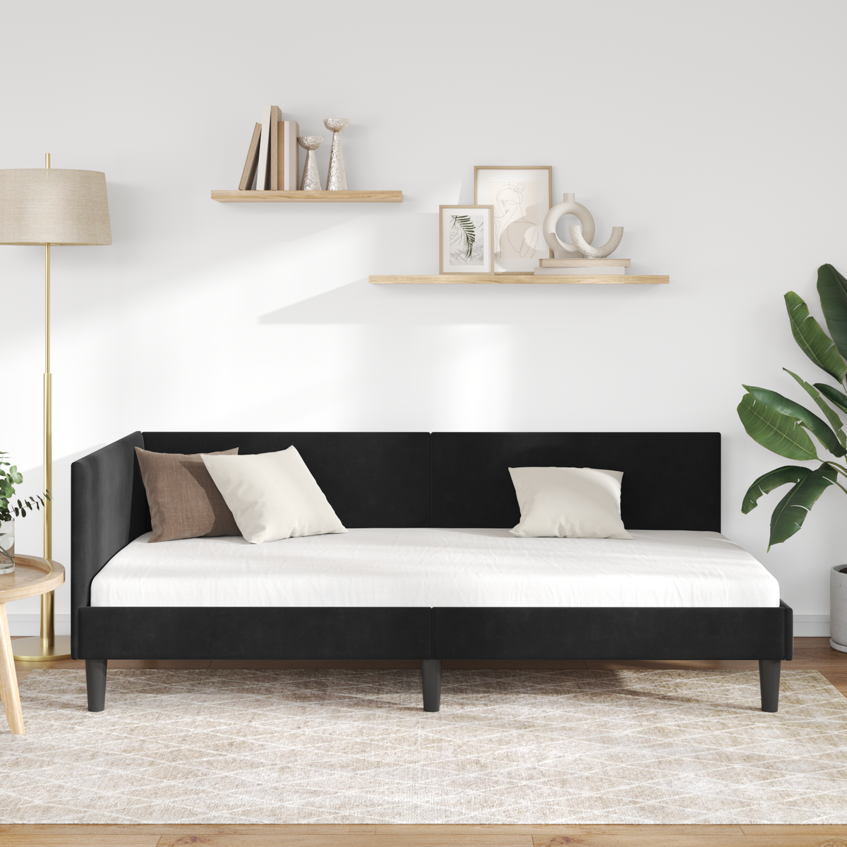 Corner Bed Frame with Headboard Black 90 cm x 190 cm Velvet