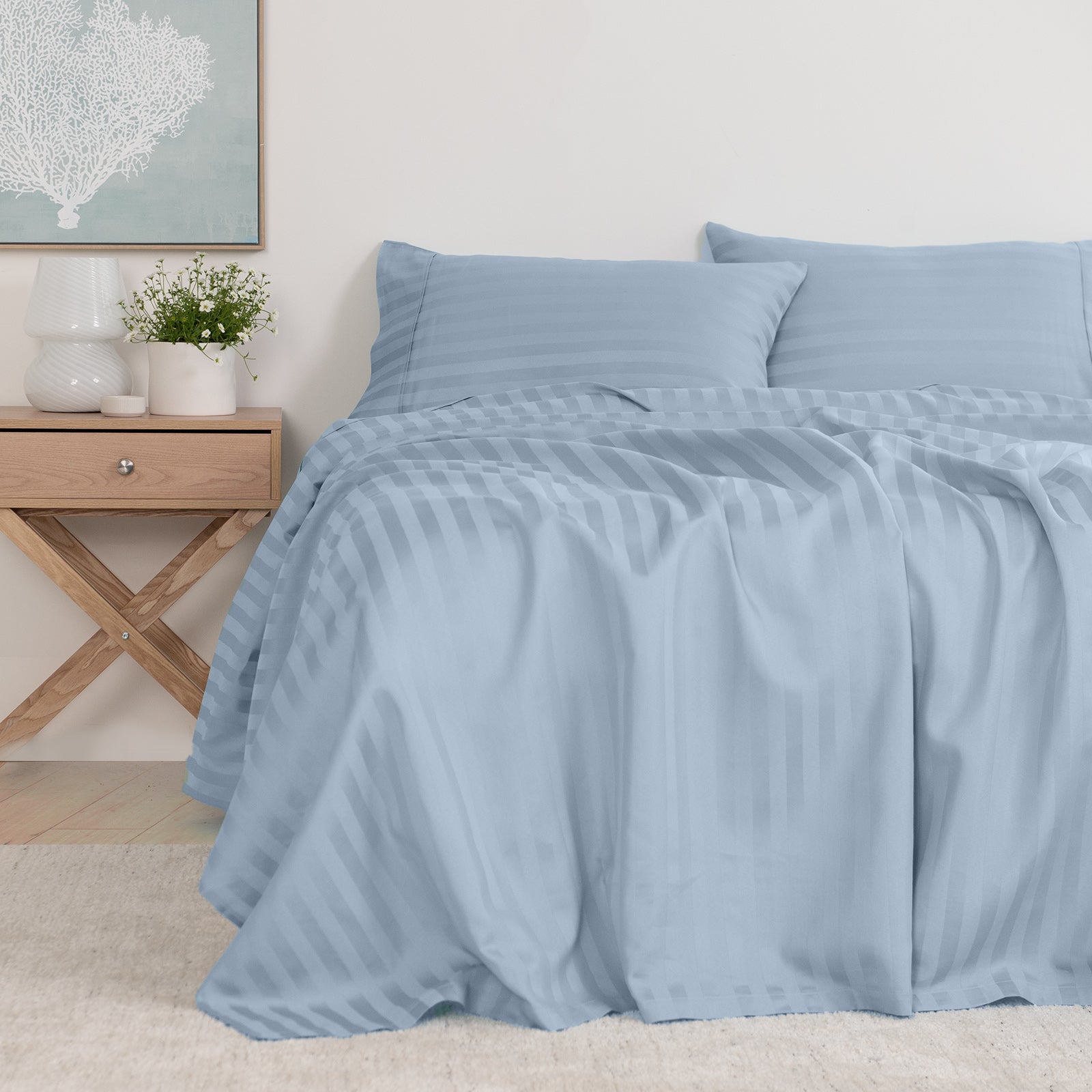 Royal Comfort 1200TC COTTON STRIPE -3PC FITTED COMBO SETS QUEEN CHAMBRAY-1951134877302788097