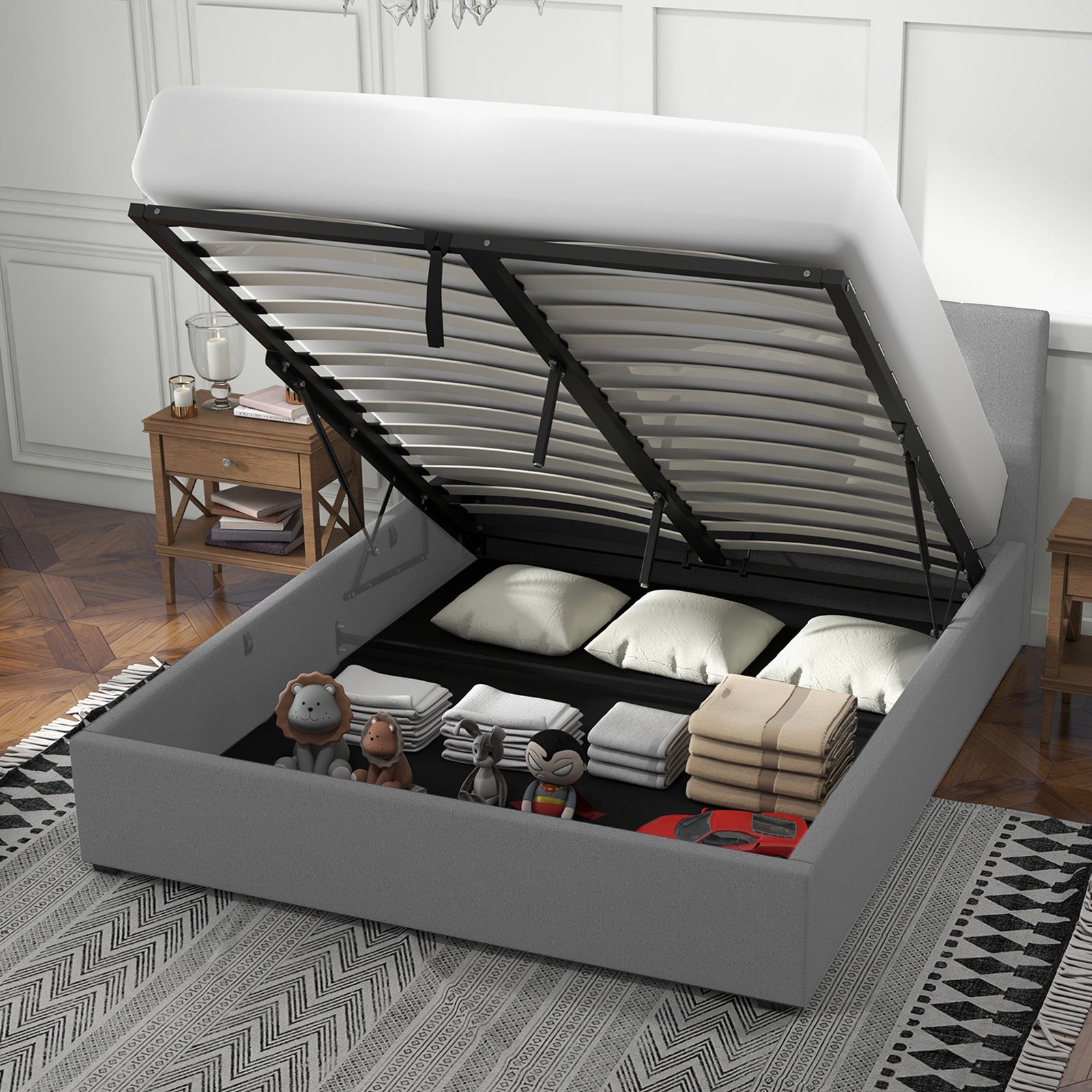 Milano Luxury Gas Lift Bed with Headboard (Model 1) - Grey No.28 - King Single-1951134899142529027