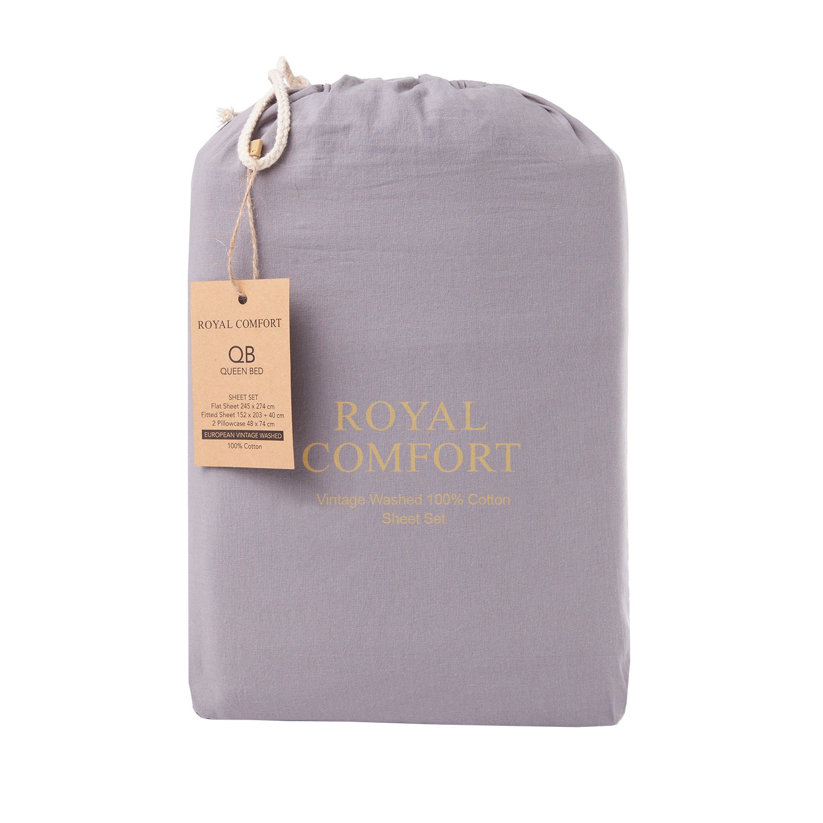 Royal Comfort Vintage Washed 100% Cotton Sheet Set Queen - Grey-1951134889311080451
