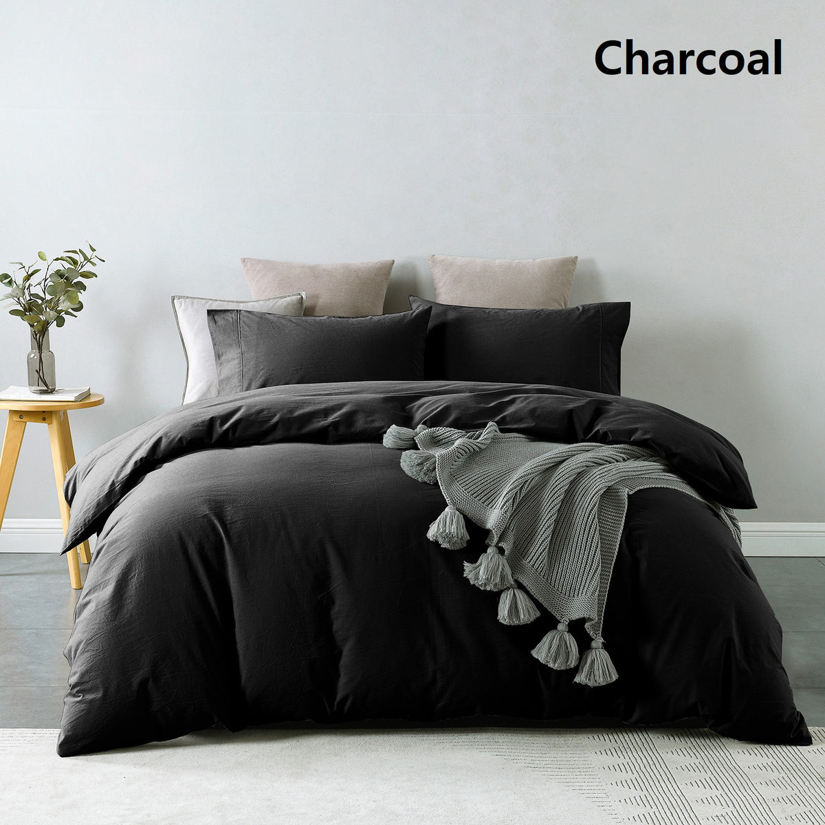 Royal Comfort Vintage Washed 100 % Cotton Quilt Cover Set Queen - Charcoal-1951134833111601158