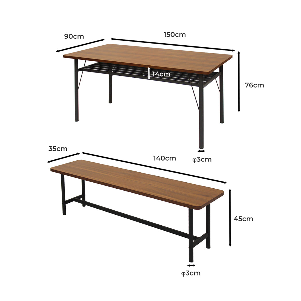 Levede 1x Dining Table +1x Bench Set Steel Home Kitchen Farmhouse Brown-1954802997833895938