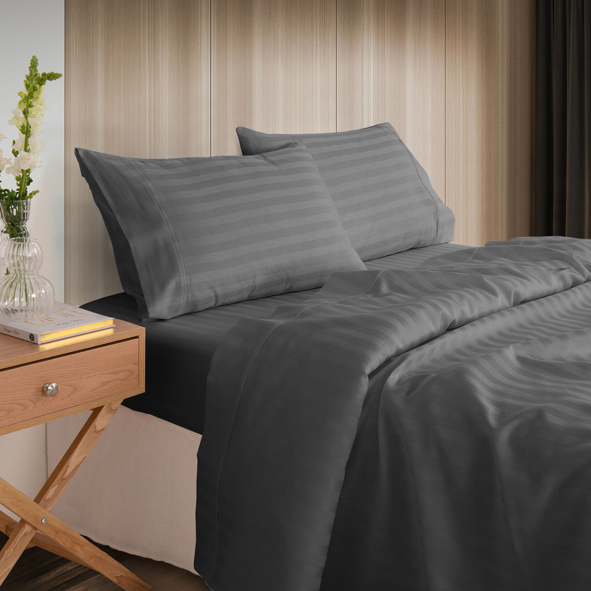 KENSINGTON 1200TC COTTON SHEET SET IN STRIPE-QUEEN - CHARCOAL-1951134850815758336