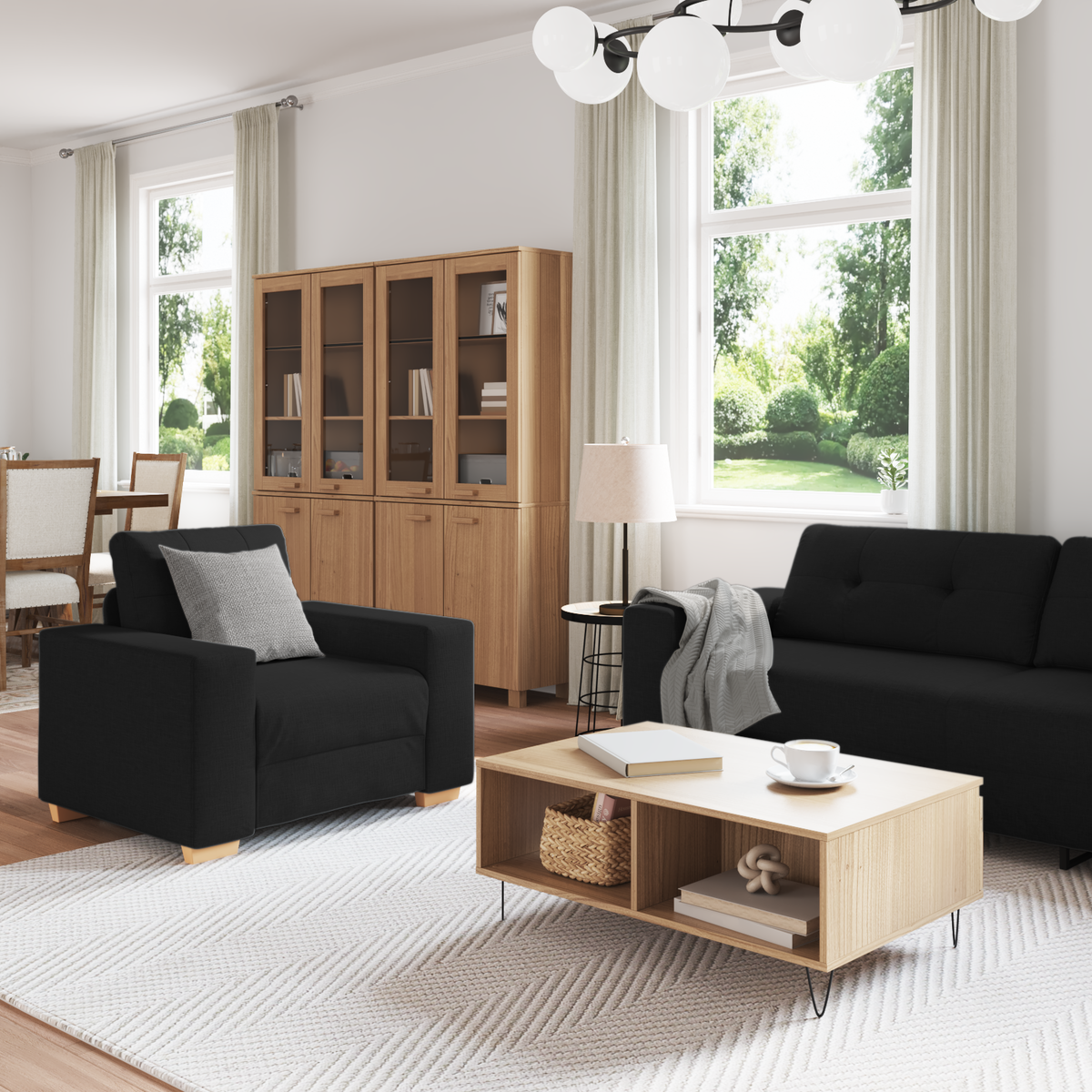 Sofa 3 pcs Black 221 x 80 x 80 cm Linen-blend fabric