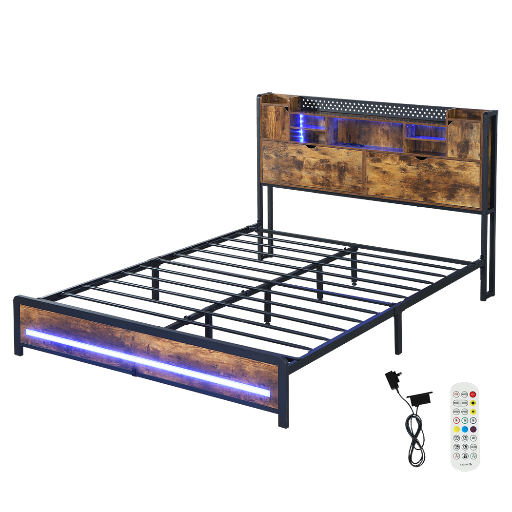 Levede Double Bed Frame Storage Headboard Industrial-1954802449265070088