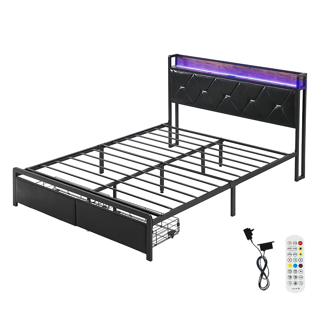 Levede Queen Metal Bed Frame LED Lights 2 Drawers-1954802444034773000