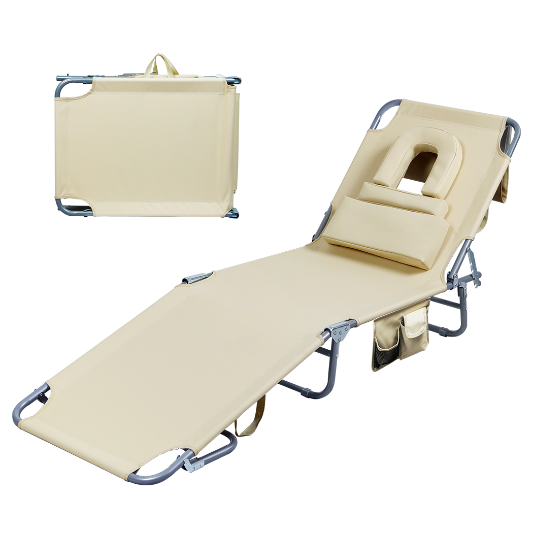 Levede Foldable Beach Lounge Chairs with Face Hole Khaki-1954802423549792264