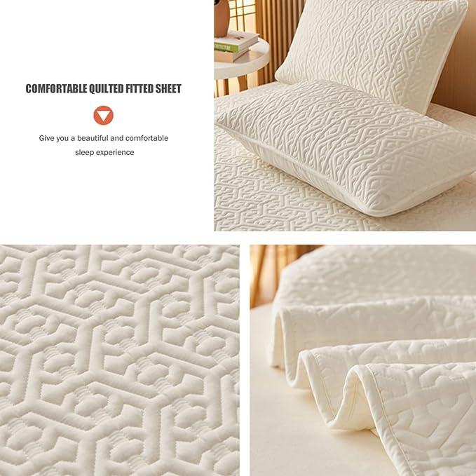 Anyhouz Mattress Cover Beige Twin Size Pure Cotton Soft Quilted Bed Sheet Anti-bacterial Protector Cover
