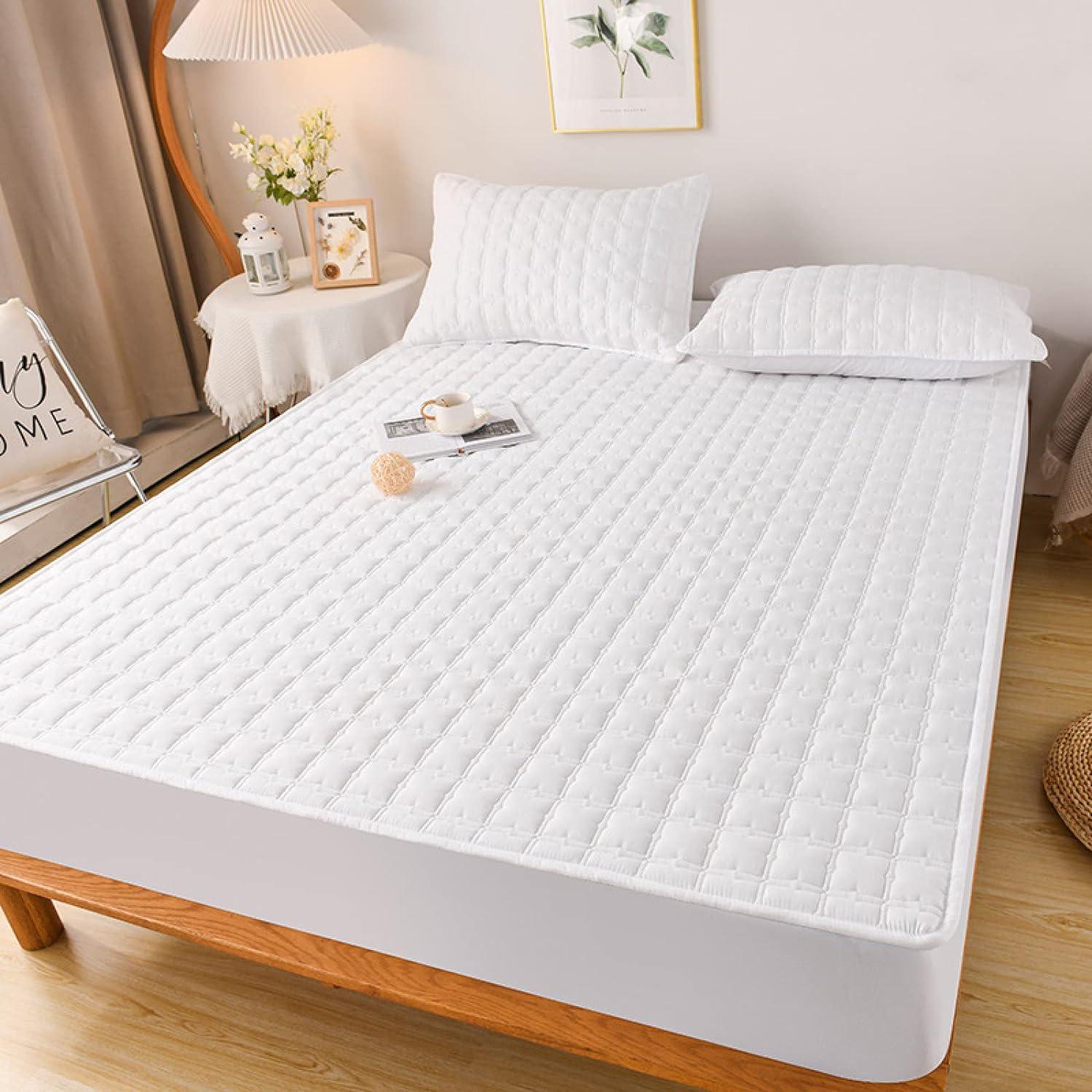 Anyhouz Mattress Cover White Double Size Waterproof Quilted Fitted Bed Sheet