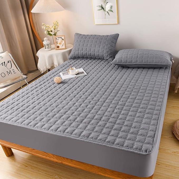 Anyhouz Mattress Cover Gray Double Size Waterproof Quilted Fitted Bed Sheet