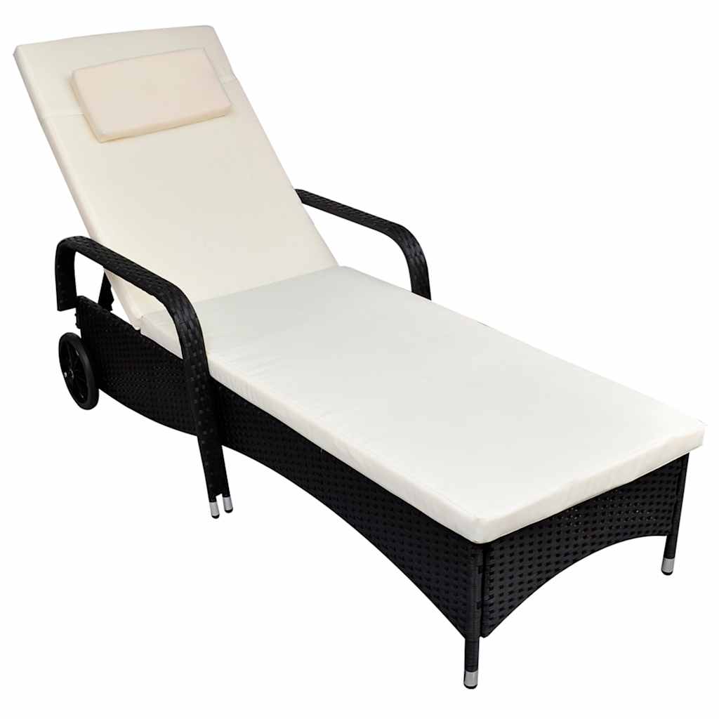 Sun Lounger with Cushion &amp; Wheels Poly Rattan Black