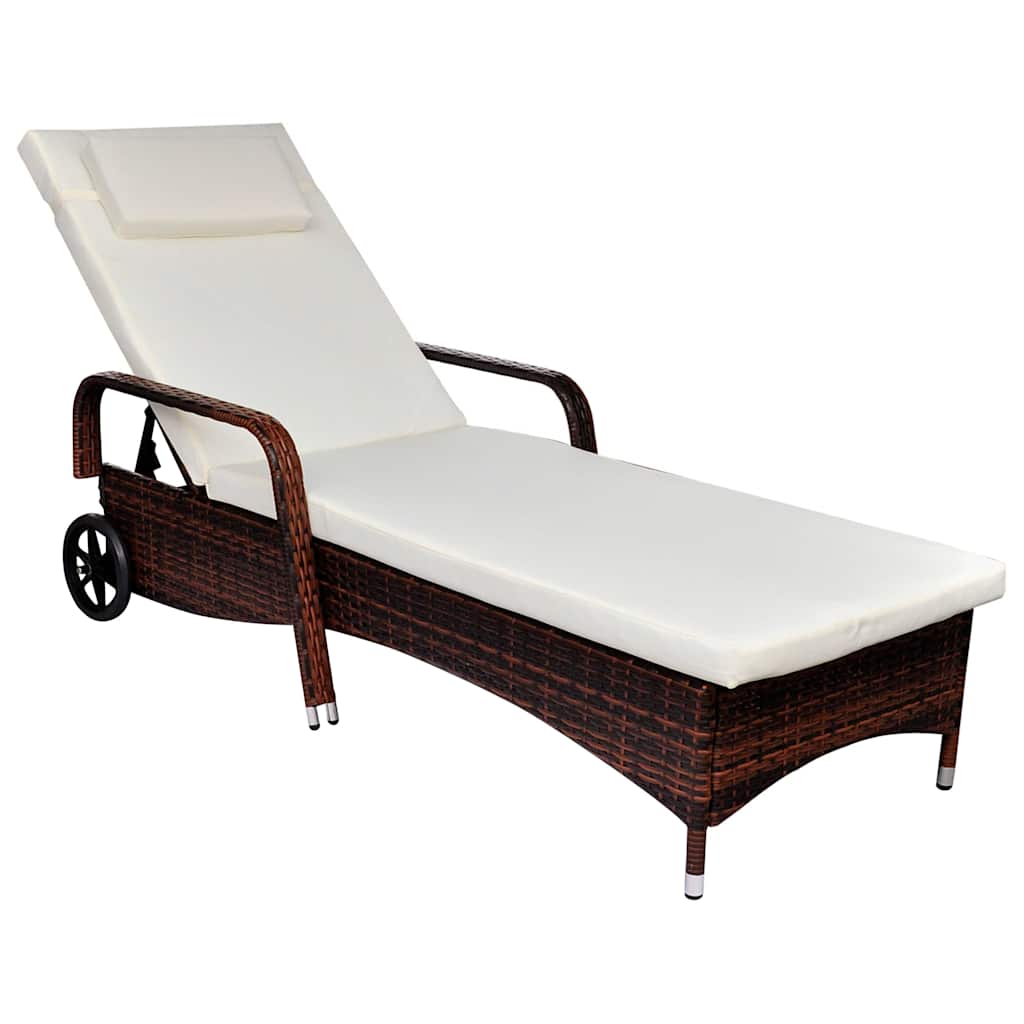 Sun Lounger with Cushion &amp; Wheels Poly Rattan Brown