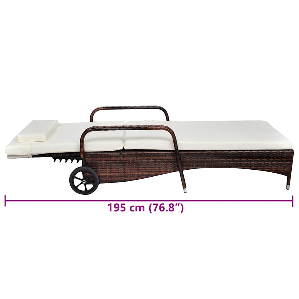 Sun Lounger with Cushion & Wheels Poly Rattan Brown