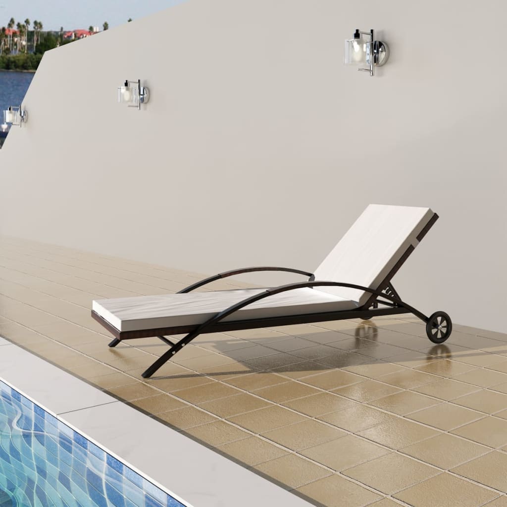 Sun Lounger with Cushion &amp; Wheels Poly Rattan Brown