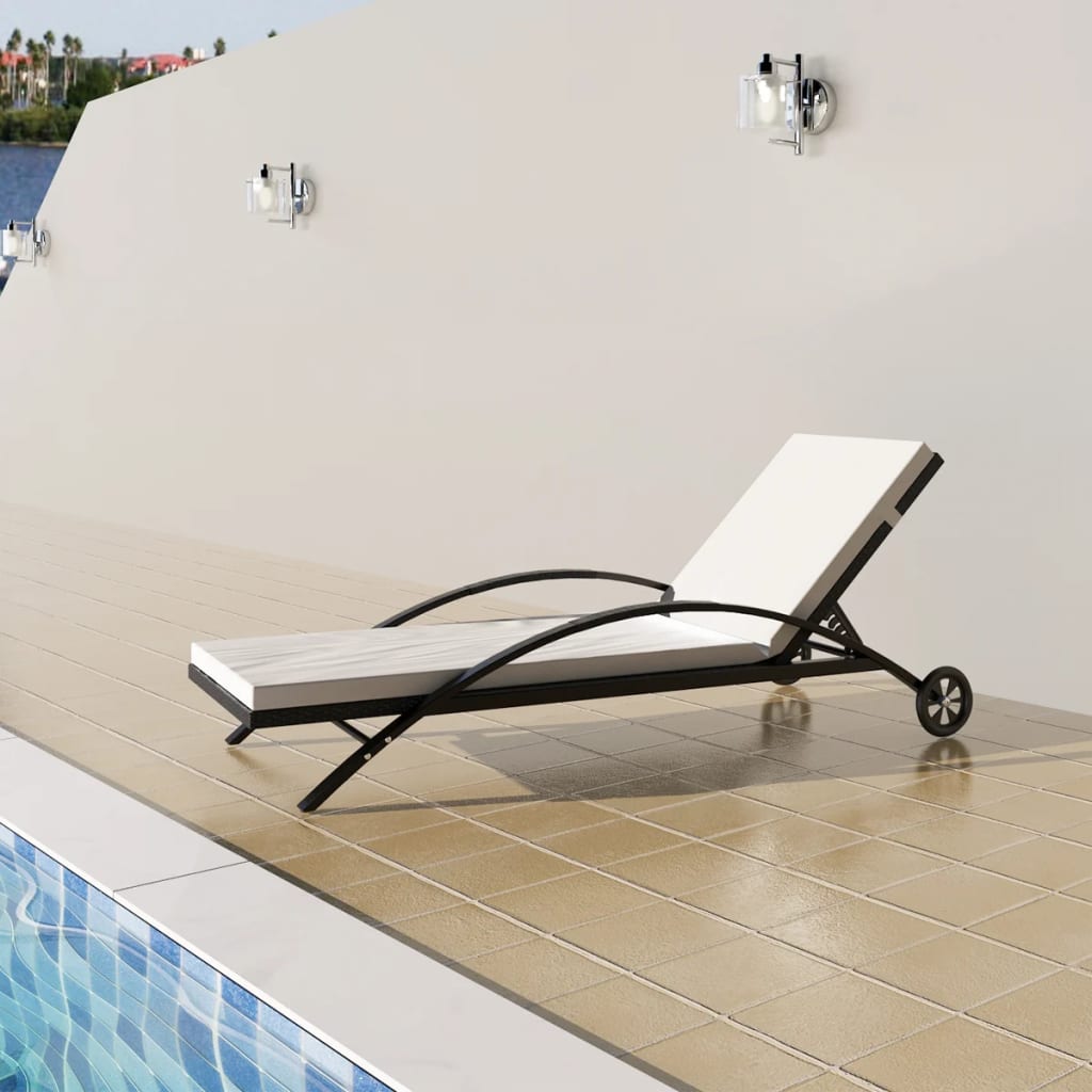 Sun Lounger with Cushion &amp; Wheels Poly Rattan Black