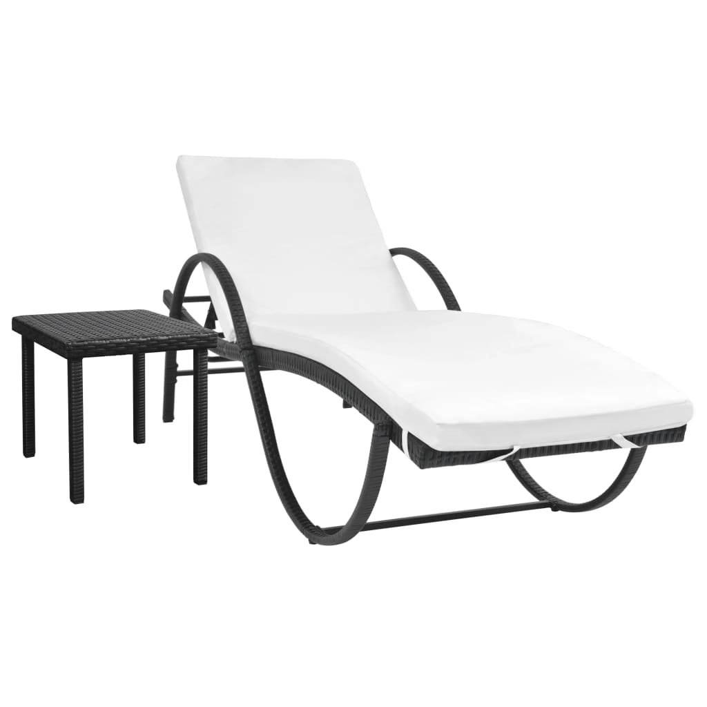 Sun Lounger with Cushion &amp; Table Poly Rattan Black