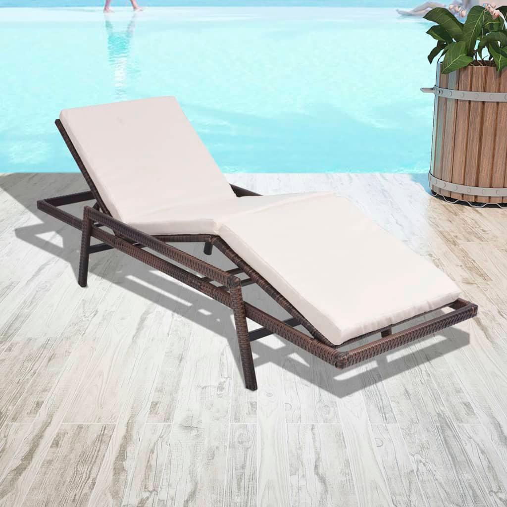 Sun Lounger with Cushion Poly Rattan Brown