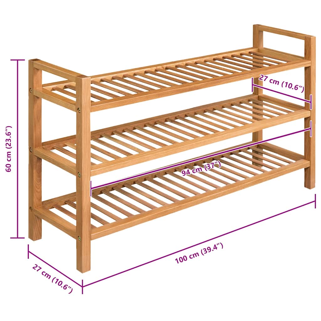 Shoe Rack with 3 Shelves 100x27x60 cm Solid Oak Wood