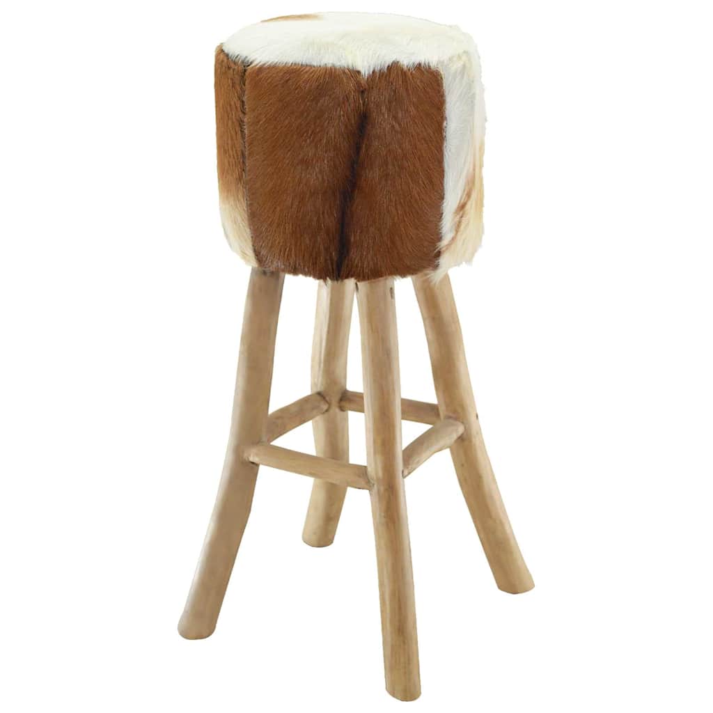 Bar Stool Goatskin Leather and Solid Teak Wood