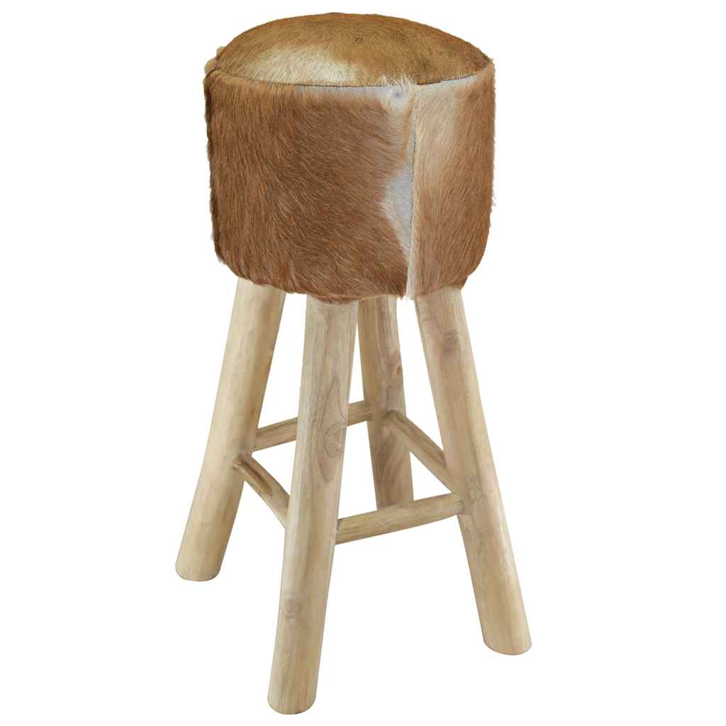 Bar Stool Goatskin Leather and Solid Teak Wood