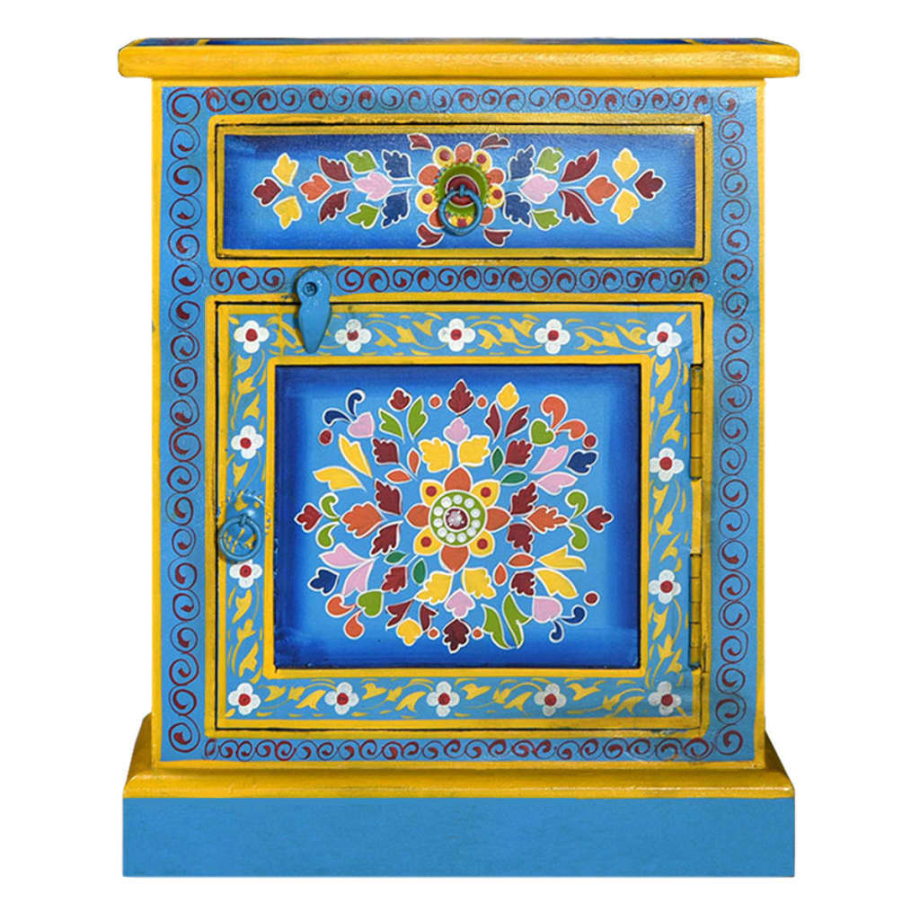 Bedside Cabinet Solid Mango Wood Turquoise Hand Painted