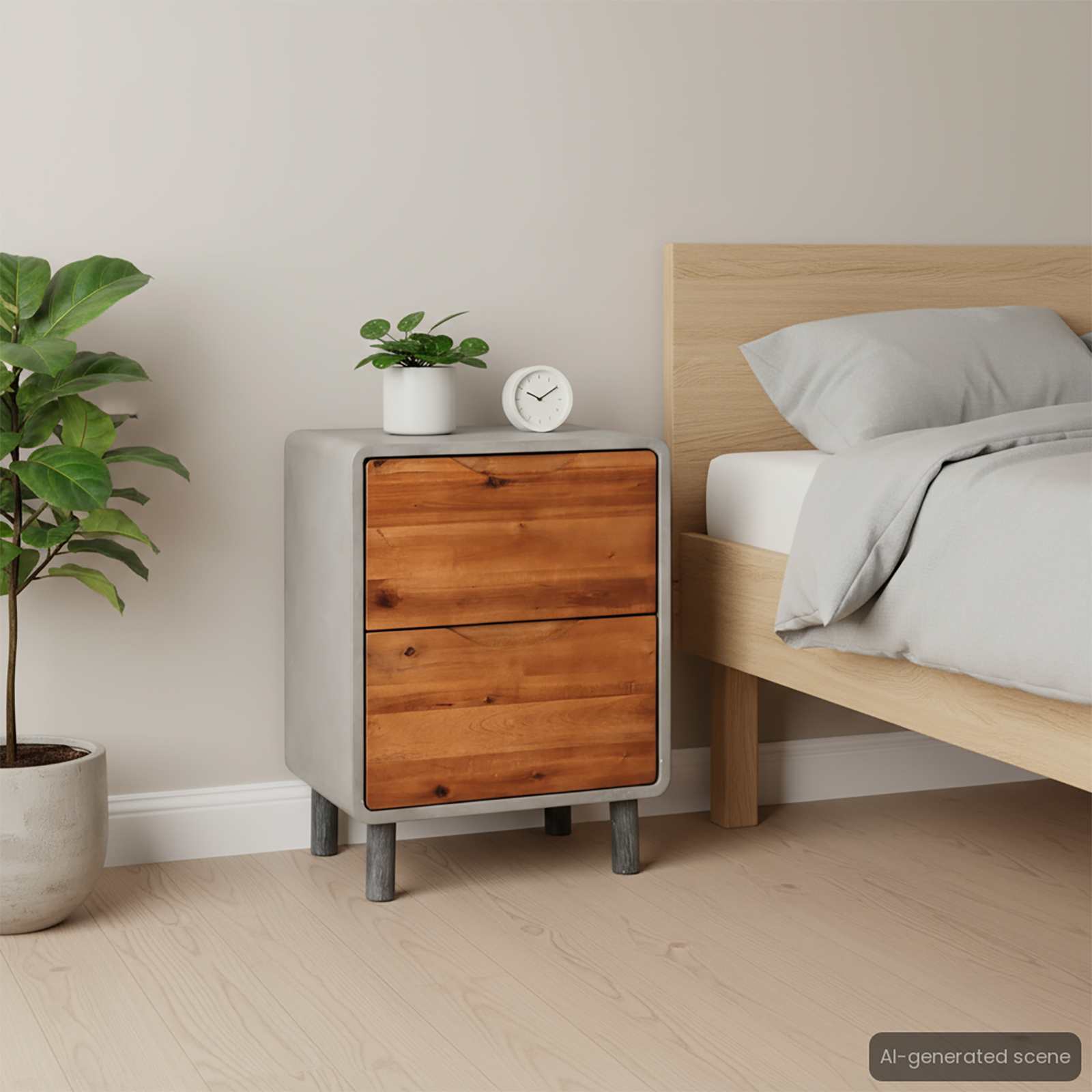 Nightstand Concrete Solid Acacia Wood 40x30x50 cm
